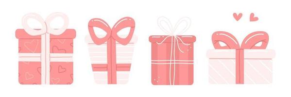 en uppsättning av söt rosa tecknad serie gåvor. hjärtans dag vektor isolerat illustration. gåva lådor samling.
