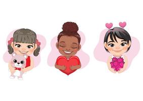 satz von vektorillustrationskarikatur kleiner multikultureller mädchen im valentinsgrußkonzept, umarmt herz, hält teddybär und rosenblumenkarikaturfigur. vektor