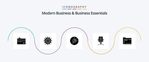 Modern Business und Business Essentials Glyph 5 Icon Pack inklusive Diagramm. Kuchen. die Einstellungen. Arbeit. System vektor