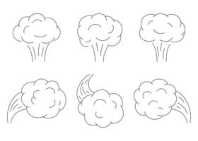 explosion med rök, ånga, uttömma, klotter linje uppsättning. hand dragen element stänk, moln från brista upp och i sidled. samling skiss. vektor översikt illustration