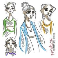 mode tecknad serie flickor avatars uppsättning, porträtt, full höjd, klotter vektor