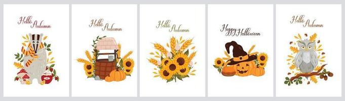 Herbstpostkarten mit Dachs, Brunnen, Sonnenblumen, Kürbis und Eule vektor