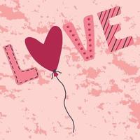 rosa und rote Valentinskarte mit verzierter Liebesaufschrift und herzförmigem Ballon vektor