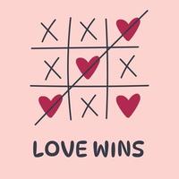 Liebe gewinnt Valentinstagskarte. Kreuz-Null-Spiel. Liebe ist ein Spielkonzept vektor