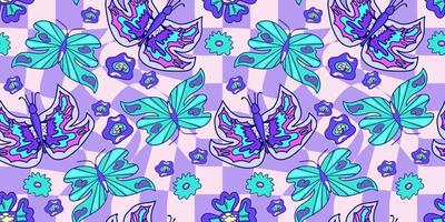 sömlös blomma och fjäril trippy psychedelic mönster. lila psychedelic sömlös mönster. magi blommig daisy skriva ut. trippy design hippie blommig platt illustration. retro y2k skriva ut vektor