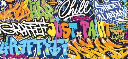 bunter Graffiti-Wandkunsthintergrund Street Art Hip-Hop urbaner Vektorillustrationshintergrund. nahtloser erstaunlicher graffiti-kunsthintergrund vektor