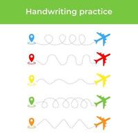 handschriftübungsblatt mit flugzeug. pädagogisches kinderspiel. Linien verfolgen. arbeitsblatt zur frühbildung für kinder vektor