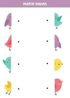 match delar av söt färgrik fåglar. logisk spel för barn. vektor