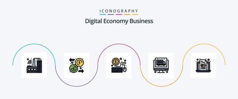 Digital Economy Business Line gefüllt Flat 5 Icon Pack inklusive. Wirtschaft. Laptop. Kasten. Wirtschaft vektor