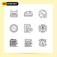 Stock Vector Icon Pack mit 9 Zeilenzeichen und Symbolen für die Löschzeit des globalen Wandschutzes editierbare Vektordesign-Elemente