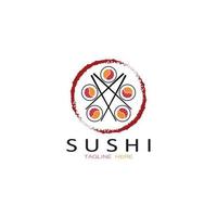 sushi logotyp mall. vektor ikon stil illustration bar eller butik, sushi, lax rulle, sushi och rullar med ätpinne bar eller restaurang vektor logotyp mall