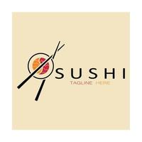 sushi logotyp mall. vektor ikon stil illustration bar eller butik, sushi, lax rulle, sushi och rullar med ätpinne bar eller restaurang vektor logotyp mall