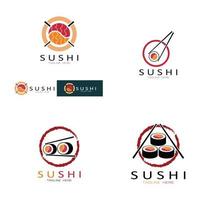 sushi logotyp mall. vektor ikon stil illustration bar eller butik, sushi, lax rulle, sushi och rullar med ätpinne bar eller restaurang vektor logotyp mall
