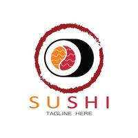 sushi logotyp mall. vektor ikon stil illustration bar eller butik, sushi, lax rulle, sushi och rullar med ätpinne bar eller restaurang vektor logotyp mall