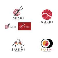 sushi logotyp mall. vektor ikon stil illustration bar eller butik, sushi, lax rulle, sushi och rullar med ätpinne bar eller restaurang vektor logotyp mall