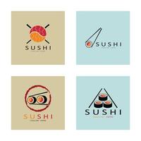 sushi logo template.vector icon style illustration bar oder shop, sushi, lachsbrötchen, sushi und brötchen mit essstäbchen bar oder restaurant vektor logo vorlage