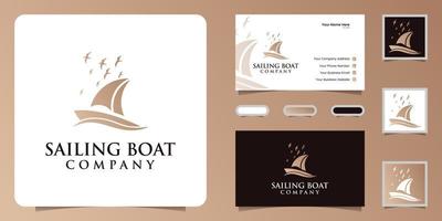 segelbåt och flygande fågel silhuett logotyp design inspiration vektor