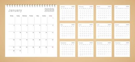 einfacher Wandkalender 2023 Jahr mit gepunkteten Linien. der kalender ist in englisch, die woche beginnt am montag. vektor