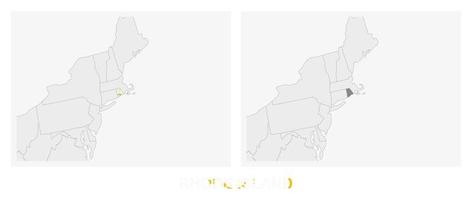 två versioner av de Karta av oss stat Rhode ö, med de flagga av Rhode ö och markerad i mörk grå. vektor