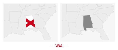två versioner av de Karta av oss stat alabama, med de flagga av alabama och markerad i mörk grå. vektor
