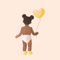 tillbaka se av stående mörkhyad bebis flicka i blöjor med en ballong. platt vektor illustration