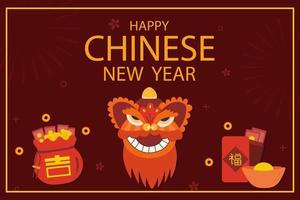 frohes chinesisches neujahrsbeschriftung mit geldumschlag, geldsack und drachen. vektor