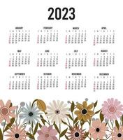kalender 2023 med 12 månader. söndag vecka Start årlig kalender. enda sida kalender mall med hand dragen boho växter och blommor. vektor illustration