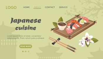 japanisches Essen. asiatische Fahne. traditionelles gericht nahaufnahme mit sakura-silhouette, architektur. Vektor