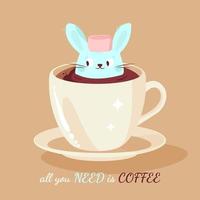 kanin kikar ut av kaffe kopp. kaffe kanin. gott efterrätt dryck. en kopp av varm choklad Allt kaffe med marshmallows. vektor illustration.