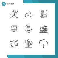 Gliederungssatz für mobile Schnittstellen mit 9 Piktogrammen von Reagenzglas-Experimenten, Port-Computing-Hilfe, editierbare Vektordesign-Elemente vektor