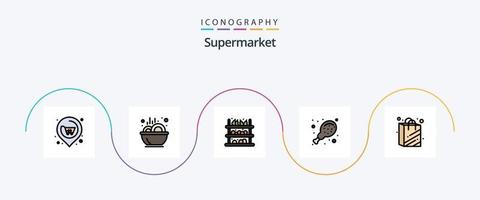 Supermarktlinie gefülltes flaches 5-Icon-Paket einschließlich Supermarkt. Tasche. Lebensmittelgeschäft. Supermarkt. Hähnchen vektor
