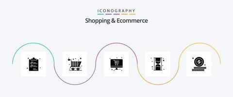 Shopping und E-Commerce Glyph 5 Icon Pack inklusive Shopping. Einkaufen. online. Zeit. Glas vektor