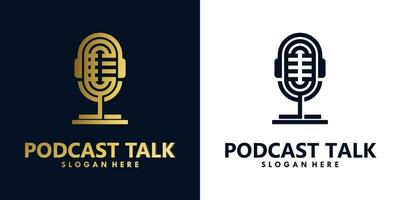 podcast talk einfaches logo mit mikrofon- und kopfhörerkombination vektor
