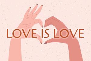 par av kvinnor framställning hjärta med deras händer, de inskrift kärlek är kärlek. vektor isolerat HBTQ baner i platt stil.