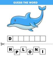 Lernspiel für Kinder Erraten Sie die Wortbuchstaben Üben von niedlichen Cartoon-Delfinen zum Ausdrucken unter Wasser Arbeitsblatt vektor