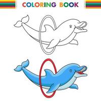 svart vit hand dragen klotter delfin. oceanisk djur- med ring. skiss för färg sida. vektor illustration.