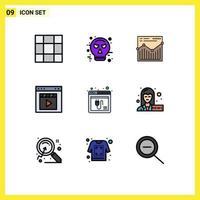 Piktogrammsatz von 9 einfachen gefüllten flachen Farben von Plug-in-Browser-Website-Filmfilm-editierbaren Vektordesign-Elementen vektor