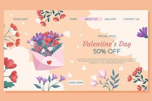 st. valentinstag-landingpage-schablonendesign mit rosa offener umhüllung roter blumen grüner blätter beige hintergrund blumenrahmen. Sonderpreiskonzept Online-Shopping mit dekorativen Wolken und Herzen vektor