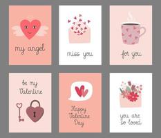 satz von valentinstaggrußkarten mit handgezeichneten süßen elementen. vorlage für grußkarte, einladung, poster, banner, geschenkanhänger. vektor