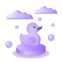 3D-gerendertes lila Podium mit Ente und Wolken für Show-Kid-Produkte. Elemente auf weißem Hintergrund. vektor