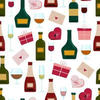flaskor och vin glasögon och gåvor sömlös mönster, romantisk mönster med kuvert hjärtans dag. vektor bakgrund