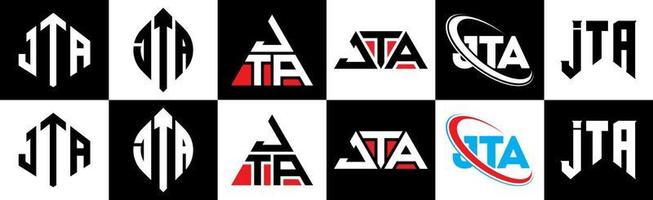 JTA-Buchstaben-Logo-Design in sechs Stilen. jta polygon, kreis, dreieck, sechseck, flacher und einfacher stil mit schwarz-weißem buchstabenlogo in einer zeichenfläche. jta minimalistisches und klassisches Logo vektor