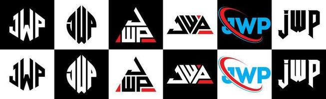 jwp-Buchstaben-Logo-Design in sechs Stilen. jwp polygon, kreis, dreieck, sechseck, flacher und einfacher stil mit schwarz-weißem buchstabenlogo in einer zeichenfläche. jwp minimalistisches und klassisches Logo vektor