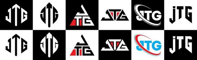 JTG-Brief-Logo-Design in sechs Stilen. jtg polygon, kreis, dreieck, sechseck, flacher und einfacher stil mit schwarz-weißem buchstabenlogo in einer zeichenfläche. JTG minimalistisches und klassisches Logo vektor
