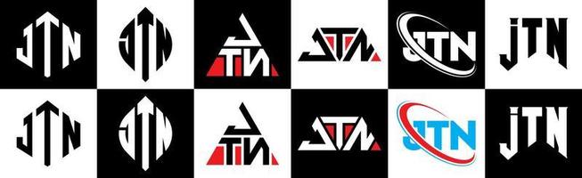 Jtn-Buchstaben-Logo-Design in sechs Stilen. jtn polygon, kreis, dreieck, sechseck, flacher und einfacher stil mit schwarz-weißem buchstabenlogo in einer zeichenfläche. jtn minimalistisches und klassisches Logo vektor