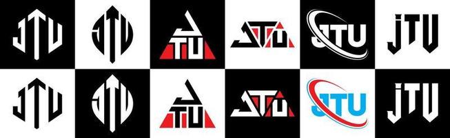 jtu-Buchstaben-Logo-Design in sechs Stilen. jtu Polygon, Kreis, Dreieck, Sechseck, flacher und einfacher Stil mit schwarz-weißem Buchstabenlogo in einer Zeichenfläche. jtu minimalistisches und klassisches Logo vektor