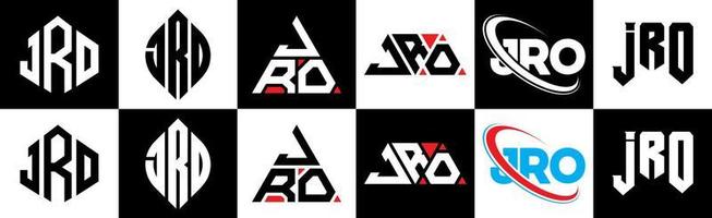 JRO-Brief-Logo-Design in sechs Stilen. jro polygon, kreis, dreieck, sechseck, flacher und einfacher stil mit schwarz-weißem buchstabenlogo in einer zeichenfläche. jro minimalistisches und klassisches Logo vektor