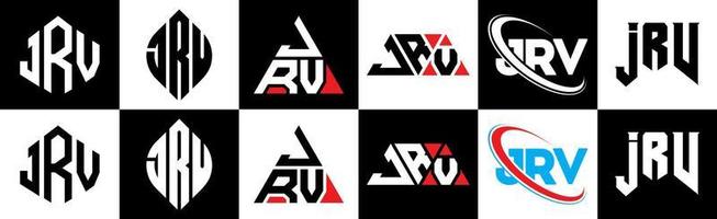 Jrv-Buchstaben-Logo-Design in sechs Stilen. jrv Polygon, Kreis, Dreieck, Sechseck, flacher und einfacher Stil mit schwarz-weißem Buchstabenlogo in einer Zeichenfläche. jrv minimalistisches und klassisches Logo vektor