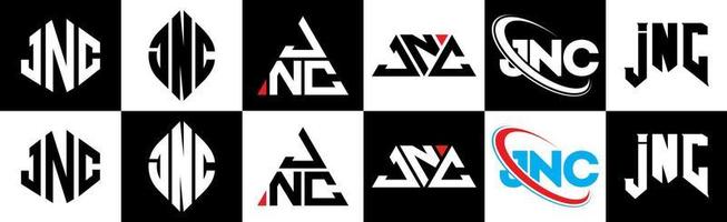 jnc-Buchstaben-Logo-Design in sechs Stilen. jnc polygon, kreis, dreieck, sechseck, flacher und einfacher stil mit schwarz-weißem buchstabenlogo in einer zeichenfläche. jnc minimalistisches und klassisches Logo vektor