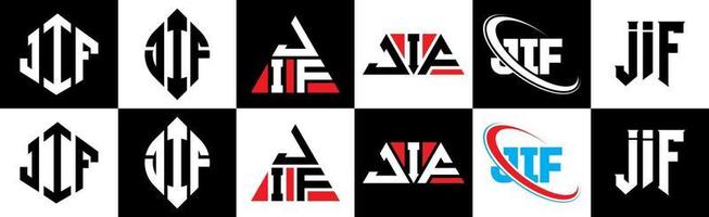 JIF-Brief-Logo-Design in sechs Stilen. jif polygon, kreis, dreieck, sechseck, flacher und einfacher stil mit schwarz-weißem buchstabenlogo in einer zeichenfläche. JIF minimalistisches und klassisches Logo vektor